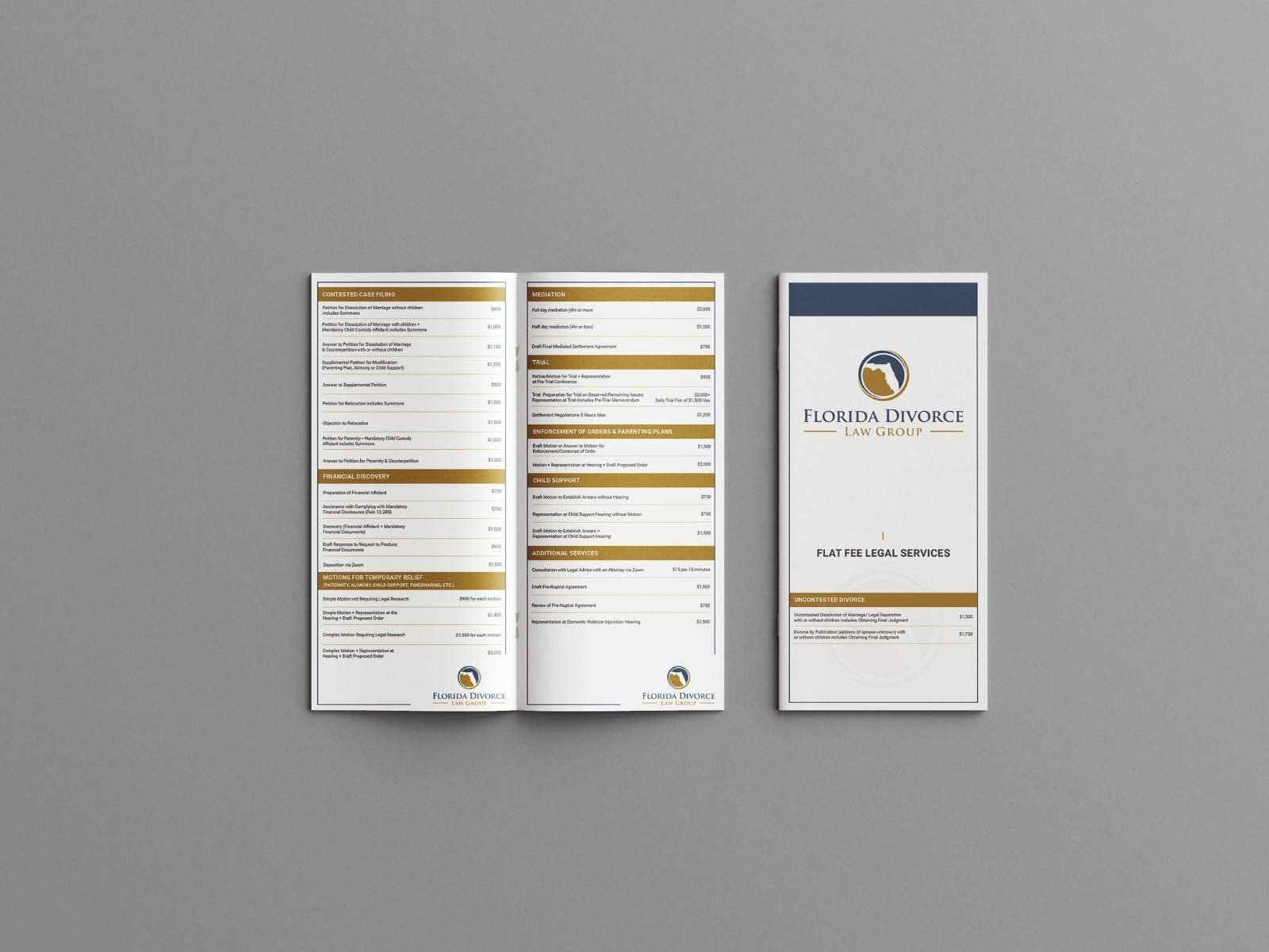 Florida Divorce Law Group — Flat-fee rate card tri-fold