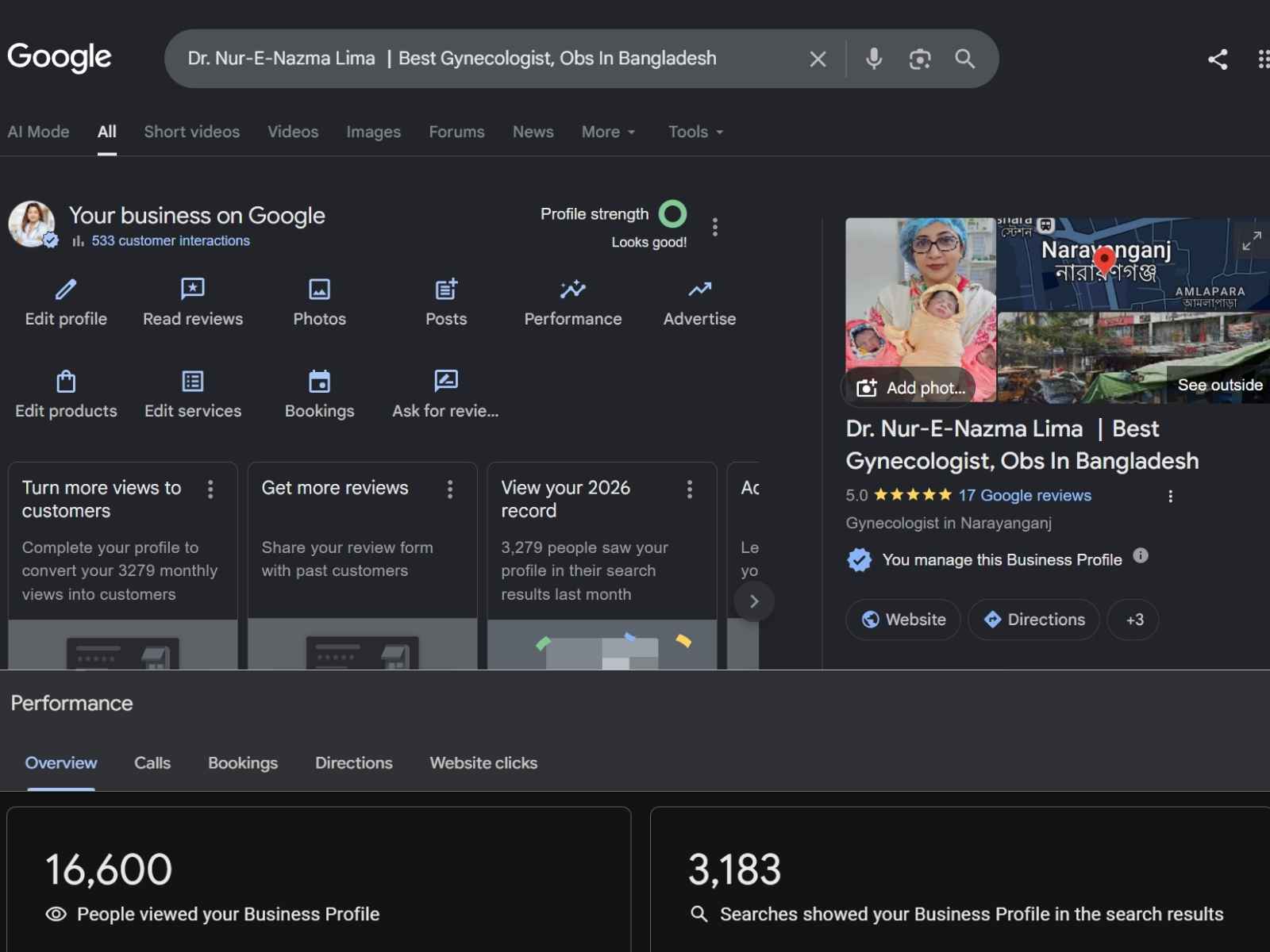 Dr. Nur-E-Nazma Lima — Google Business Profile — 16,600 views, 5.0 stars