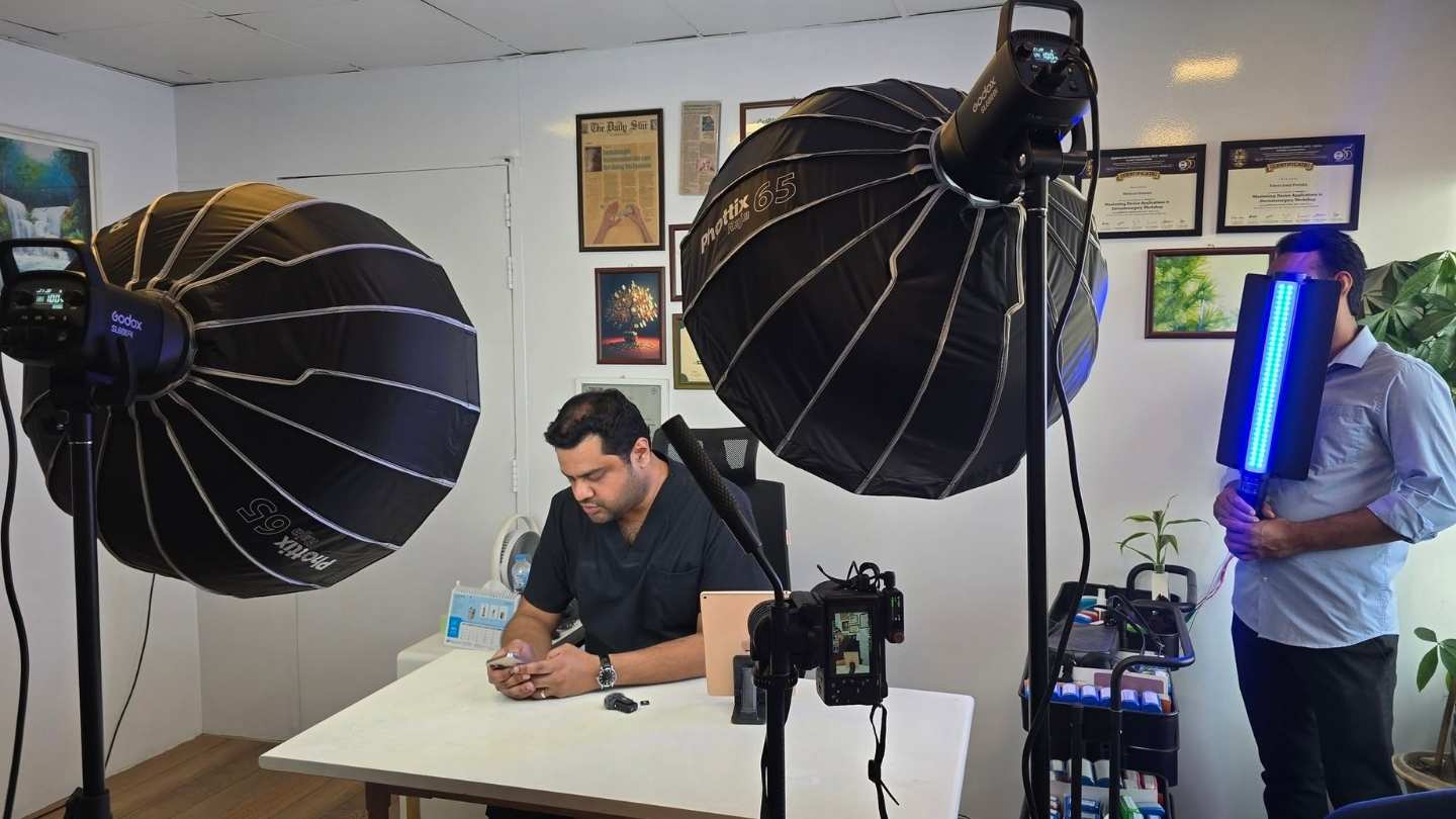 A clinic video shoot with studio lighting