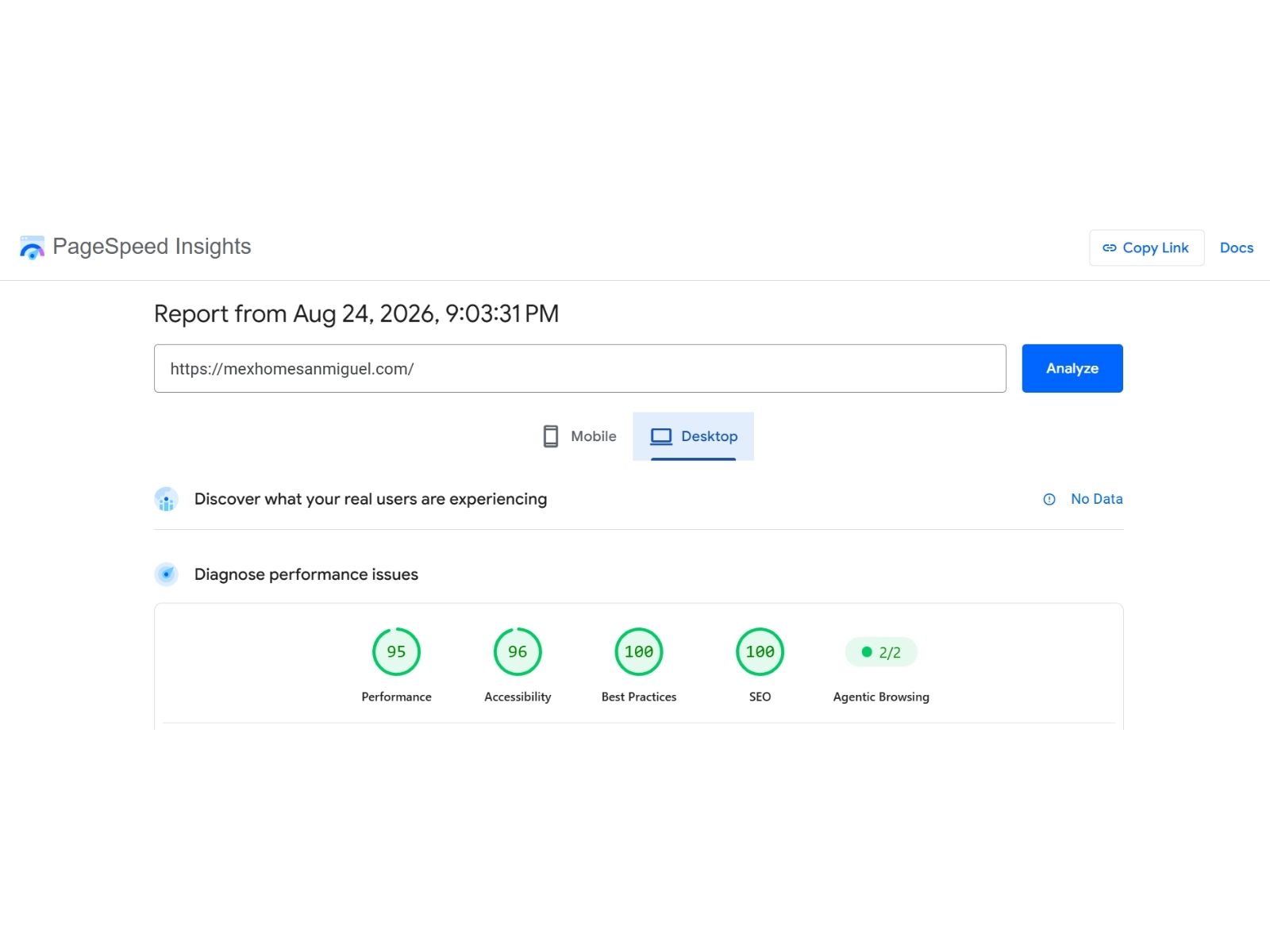 MexHome — Lesley B Fay — PageSpeed 95 · 96 · 100 · 100