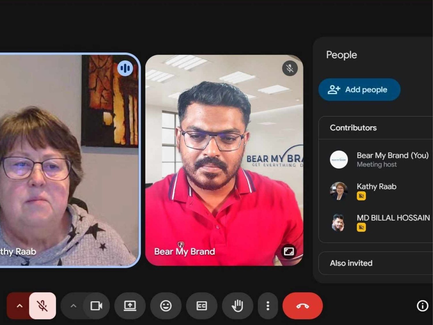 Hosting a Google Meet call as Bear My Brand with client Kathy Raab